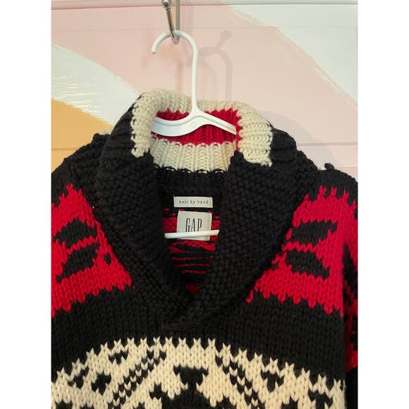 Vintage GAP Hand-Knit Wool Sweater Red Black Cream Geometric Nordic Pullover - Picture 3 of 13